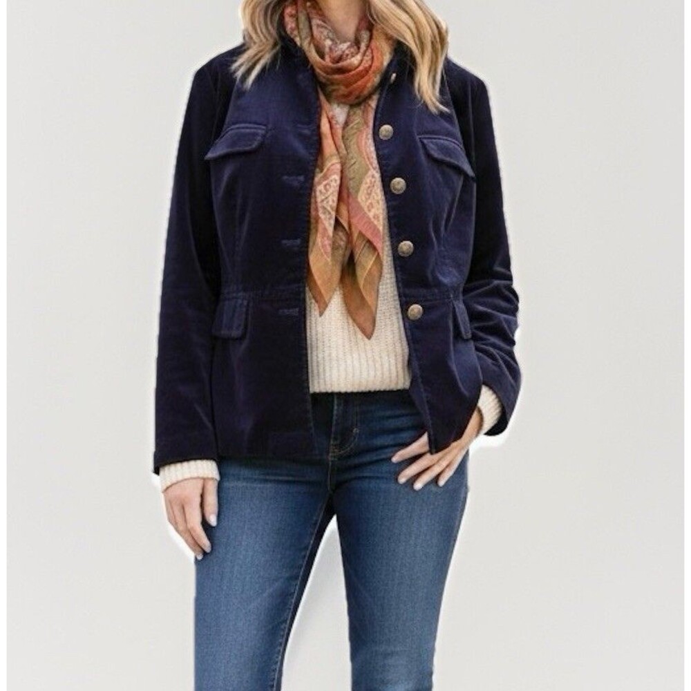 Talbots Blue Velvet Jacket Plus Size 14W Womens Military Gold Emblem Buttons